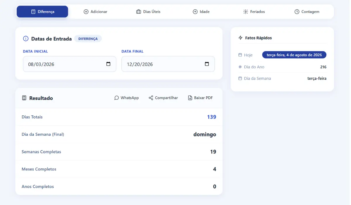 Calculadora De Dias Calculadora de dias online mostrando resultado de diferença entre datas com total de dias, semanas e meses